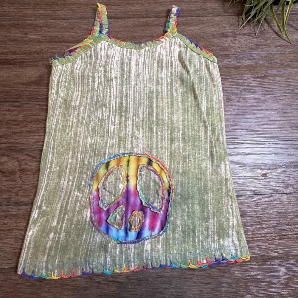 Shop Therapy Nepal Cotton Tie Dye Peace Sign Slashed Boho Tank Top Green M/L - Picture 2 of 10